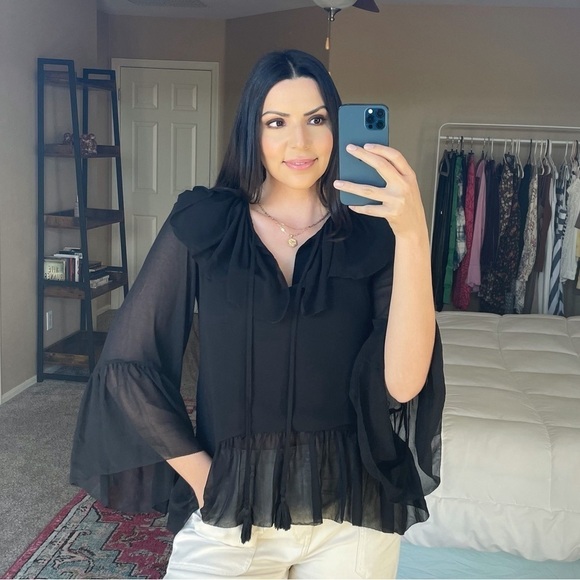 Rebecca Minkoff Tops - Rebecca Minkoff Black Ruffle Neckline Long Sleeve